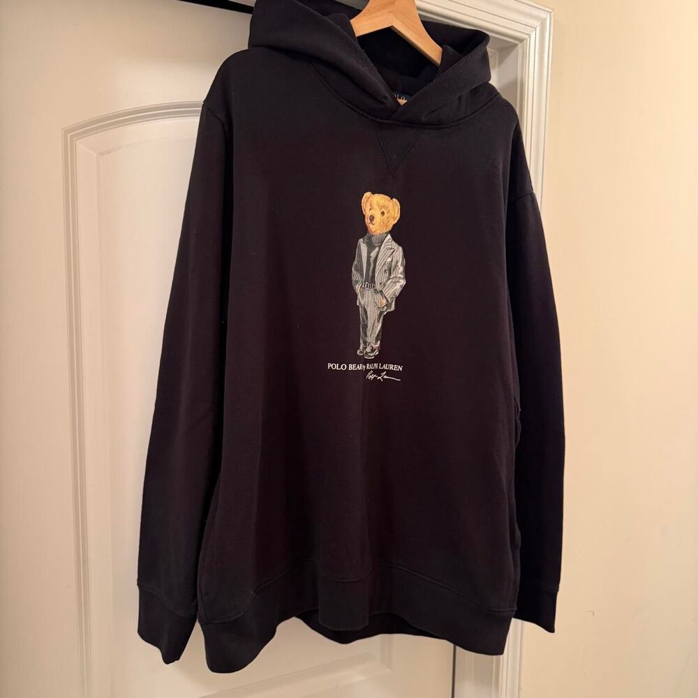 Polo Ralph Lauren Polo Bear Hoodie Mens XXL Black Pinstripe Bear Preppy